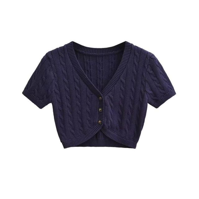 Cable Knit Crop Top - Short Sleeve V-Neck