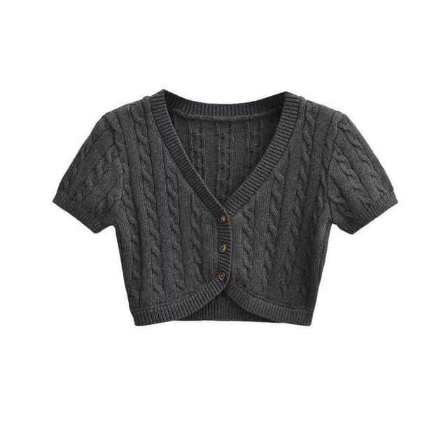 Cable Knit Crop Top - Short Sleeve V-Neck
