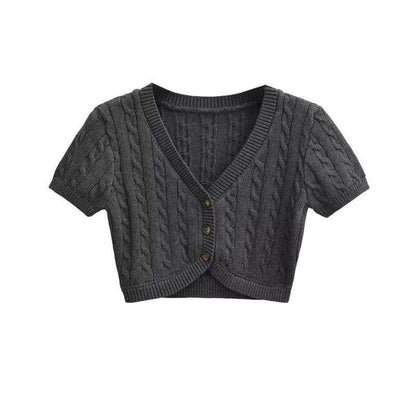 Cable Knit Crop Top - Short Sleeve V-Neck