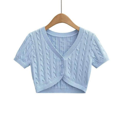 Cable Knit Crop Top - Short Sleeve V-Neck