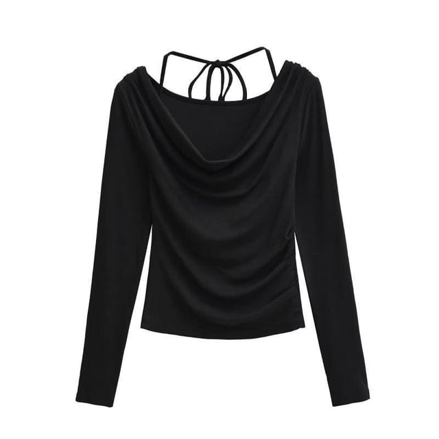 Cowl Neck Crop Tee - Ruched Long Sleeve
