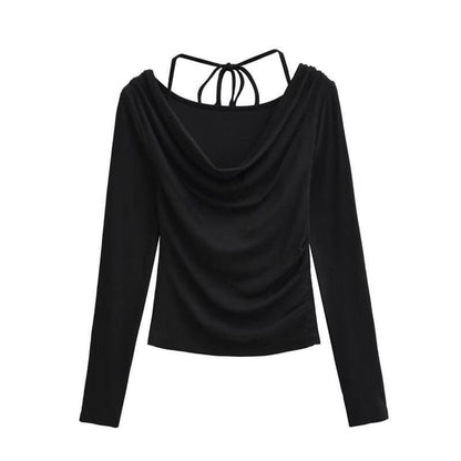 Cowl Neck Crop Tee - Ruched Long Sleeve