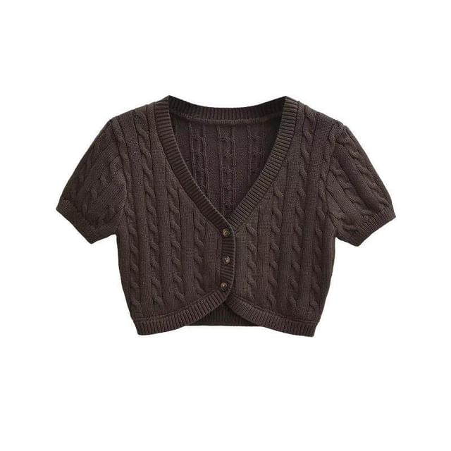 Cable Knit Crop Top - Short Sleeve V-Neck