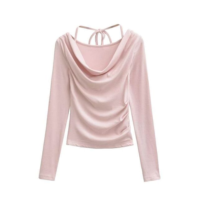 Cowl Neck Crop Tee - Ruched Long Sleeve