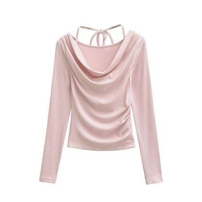 Cowl Neck Crop Tee - Ruched Long Sleeve