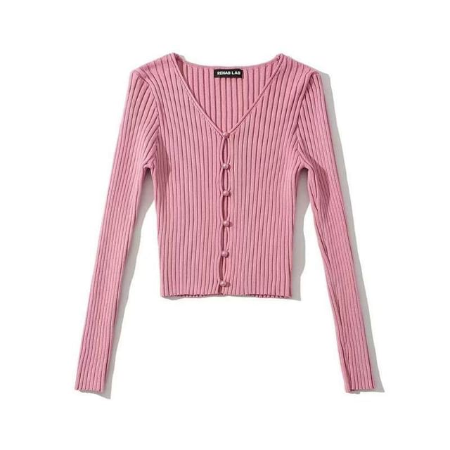 Crop Knit Sweater - V-Neck Long Sleeve