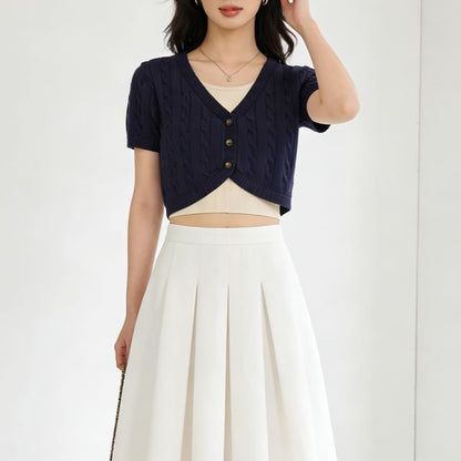 Cable Knit Crop Top - Short Sleeve V-Neck