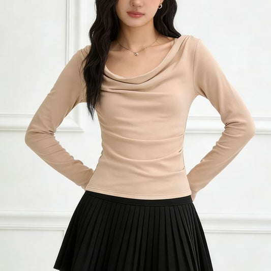 Cowl Neck Crop Tee - Ruched Long Sleeve