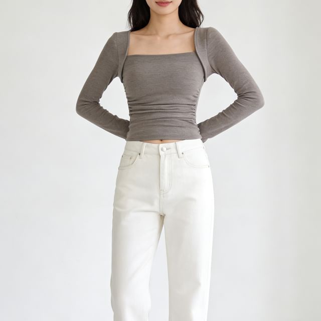 Ruched Square Neck Tee - Long Sleeve