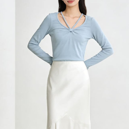 Ruched Crew Tee - Long Sleeve V-Neck