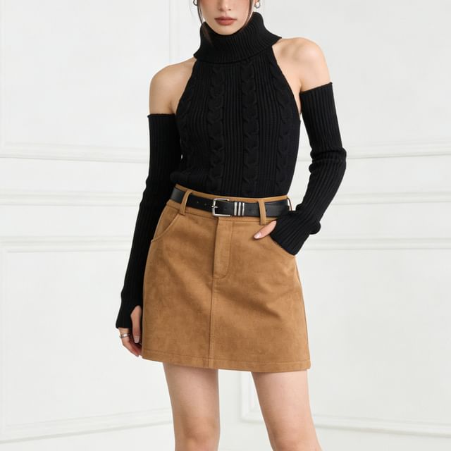 Turtleneck Knit Top with Arm Warmers - Sleeveless