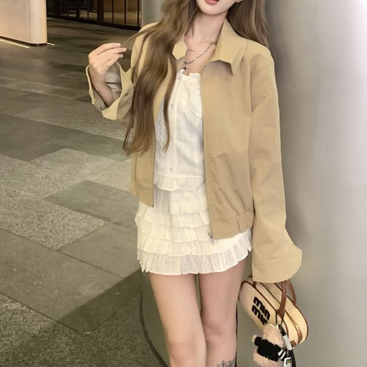 Collared Zip-Up Plain Jacket / Lace Trim Button-Up Crop Tube Top / High Waist Tiered Mini A-Line Skirt