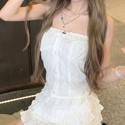 Collared Zip-Up Plain Jacket / Lace Trim Button-Up Crop Tube Top / High Waist Tiered Mini A-Line Skirt