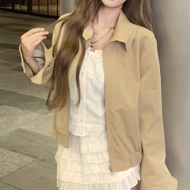 Collared Zip-Up Plain Jacket / Lace Trim Button-Up Crop Tube Top / High Waist Tiered Mini A-Line Skirt