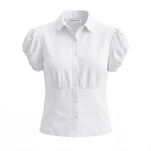 Puff Sleeve Collared Button-Up Blouse