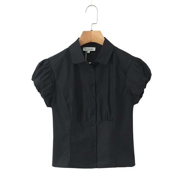 Puff Sleeve Collared Button-Up Blouse