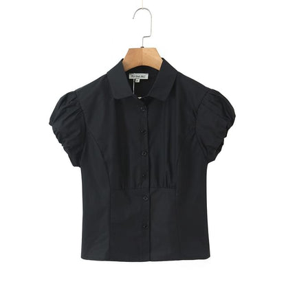 Puff Sleeve Collared Button-Up Blouse