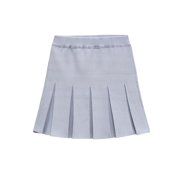 Short Sleeve Crew Neck Embellished Knit Top & High Waist Pleated Mini Skirt
