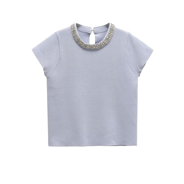Short Sleeve Crew Neck Embellished Knit Top & High Waist Pleated Mini Skirt
