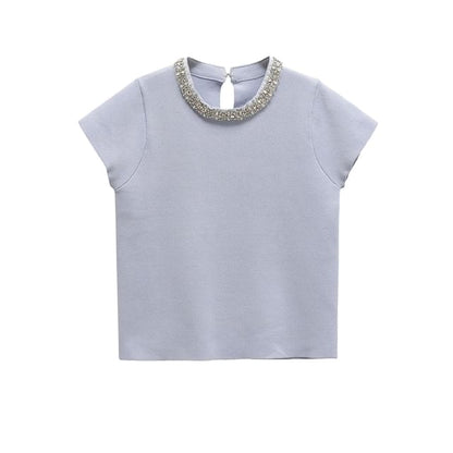 Short Sleeve Crew Neck Embellished Knit Top & High Waist Pleated Mini Skirt