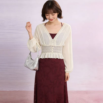 Long Sleeve V-Neck Lace Button-Up Sheer Crop Blouse