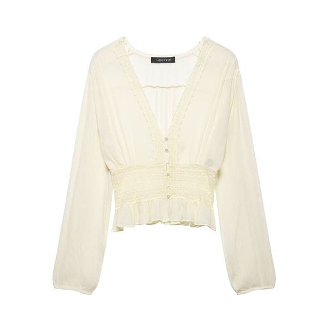 Long Sleeve V-Neck Lace Button-Up Sheer Crop Blouse