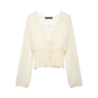Long Sleeve V-Neck Lace Button-Up Sheer Crop Blouse