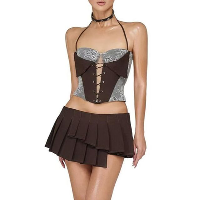 Halter Crop Top and Asymmetric Pleated Mini Skirt Set