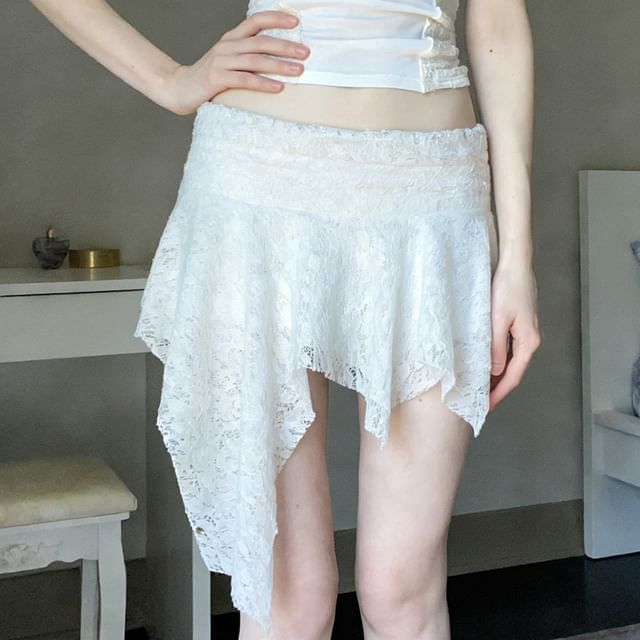 Asymmetric Lace Mini A-Line Skirt with Low Rise