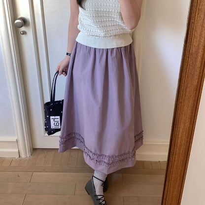 Frill Trim Midi A-Line Skirt High-Waisted