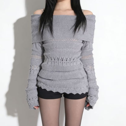 Off-Shoulder Pointelle Ribbed Sweater