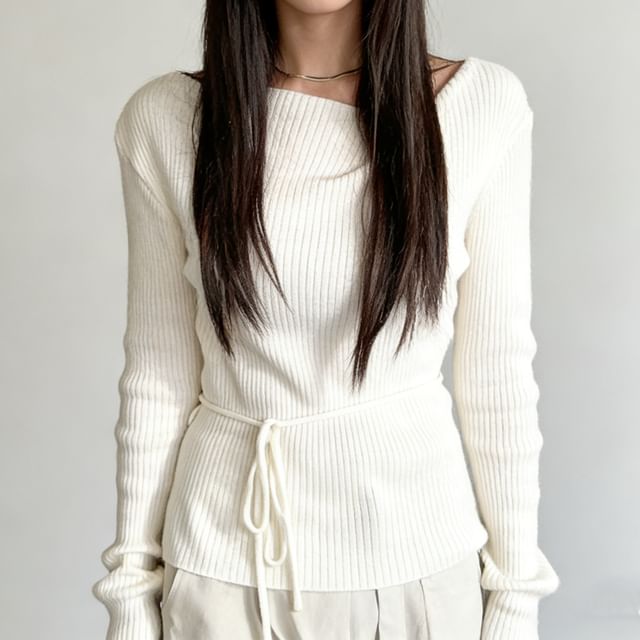 One-Shoulder Tie-Waist Ribbed Knit Top