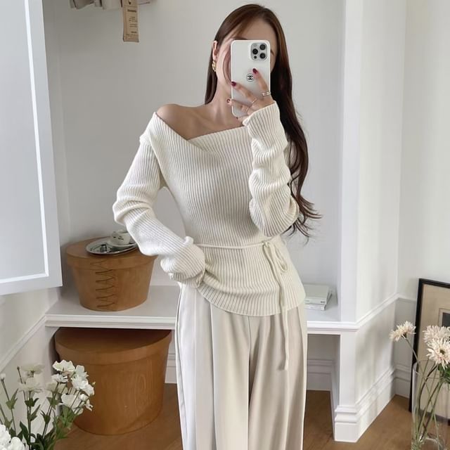 One-Shoulder Tie-Waist Ribbed Knit Top