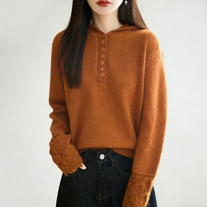 Long-Sleeve Henley Lace Cuff Hooded Knit Top