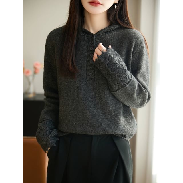 Long-Sleeve Henley Lace Cuff Hooded Knit Top