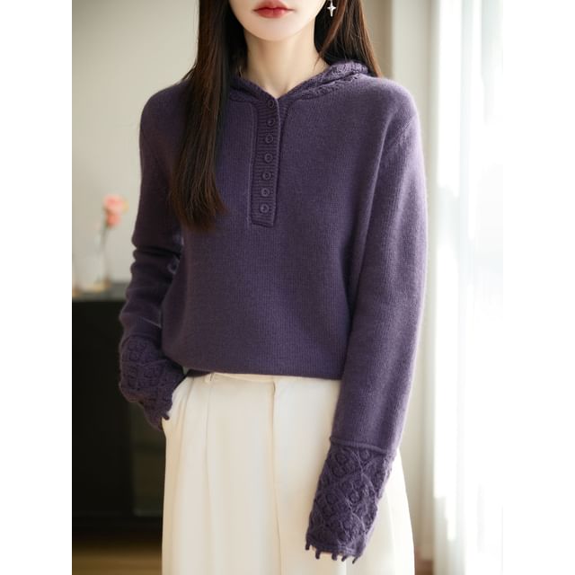 Long-Sleeve Henley Lace Cuff Hooded Knit Top