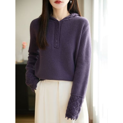 Long-Sleeve Henley Lace Cuff Hooded Knit Top