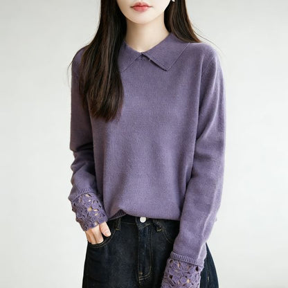 Long-Sleeve Lace Cuff Knit Polo Top