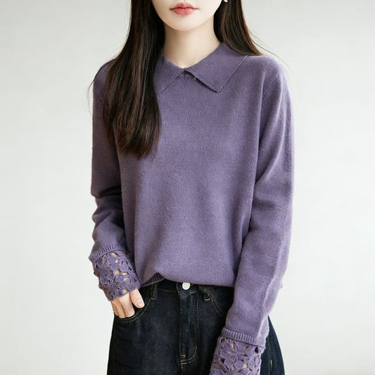 Long-Sleeve Lace Cuff Knit Polo Top