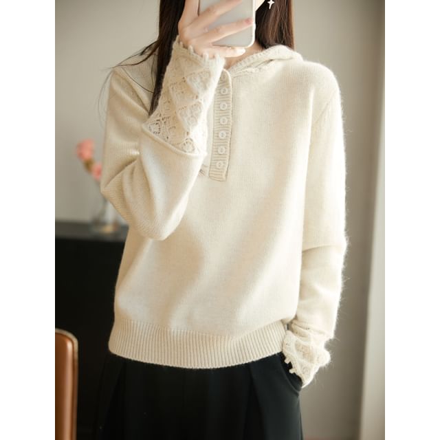 Long-Sleeve Henley Lace Cuff Hooded Knit Top