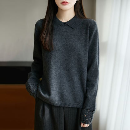 Long-Sleeve Lace Cuff Knit Polo Top