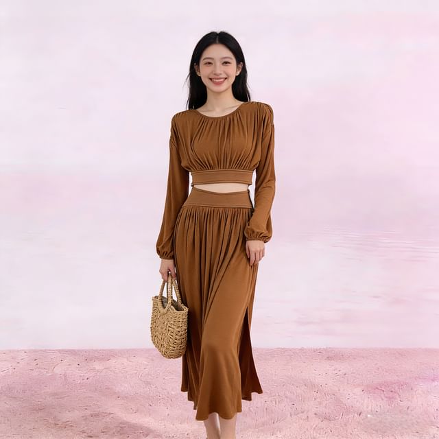 Puff-Sleeve Ruched Crop Top and Midi Skirt Set