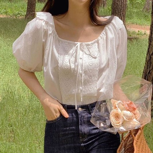 Square Neck Puff-Sleeve Lace Panel Blouse