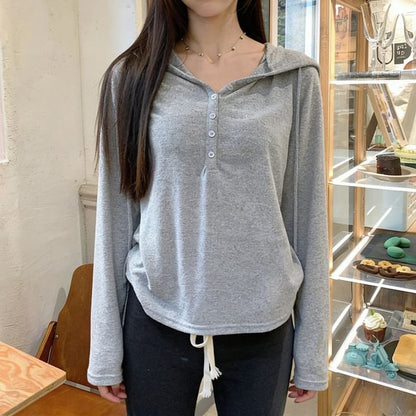 Hooded Half-Button Long-Sleeve Top