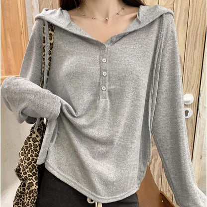 Hooded Half-Button Long-Sleeve Top