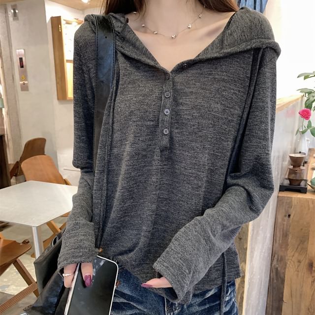 Hooded Half-Button Long-Sleeve Top