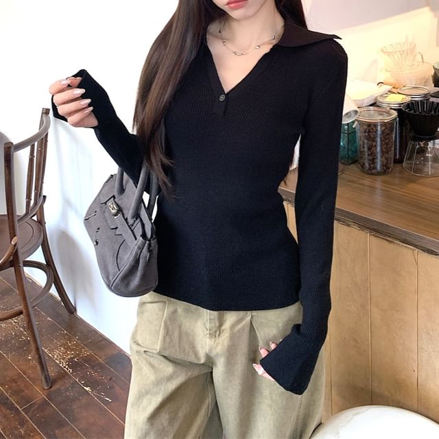 Long-Sleeve V-Neck Knit Polo Shirt
