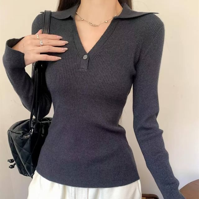 Long-Sleeve V-Neck Knit Polo Shirt