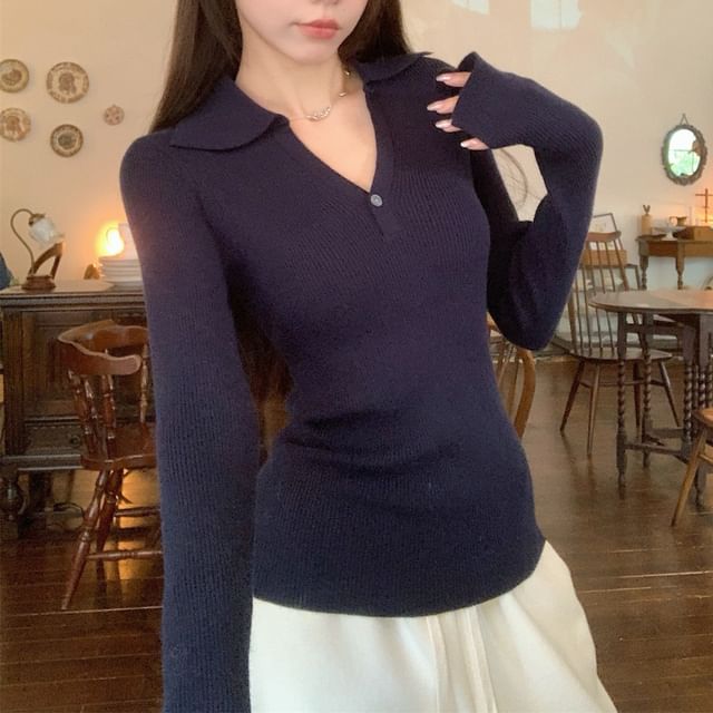 Long-Sleeve V-Neck Knit Polo Shirt
