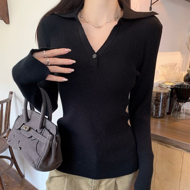 Long-Sleeve V-Neck Knit Polo Shirt